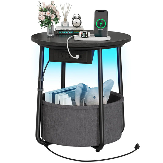 Small LED Nightstand Side Table with Charger and Storage