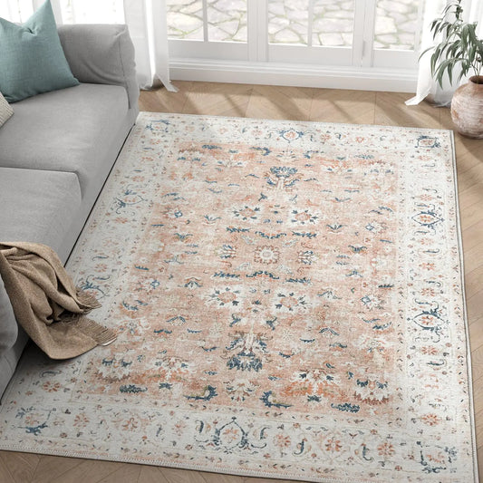Vintage Boho Floral Washable Area Rug 4x6 Pink Blush