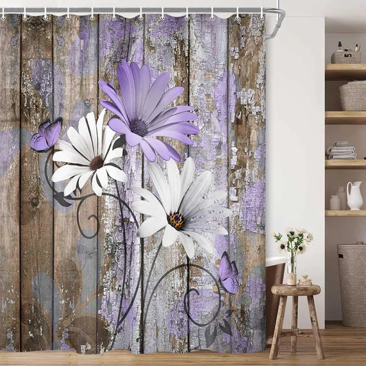 Rustic Purple Daisy Floral Shower Curtain Set