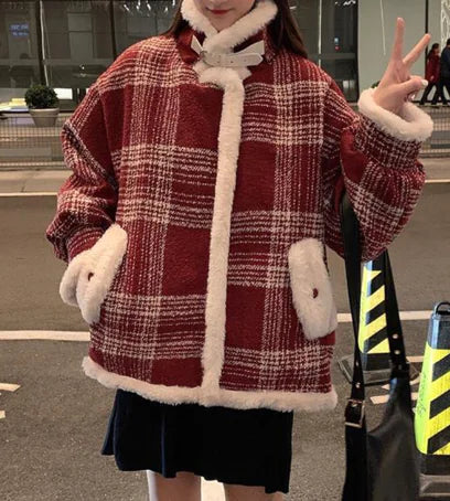 Plaid Wool Blend Winter Coat Stylish Warm Outerwear