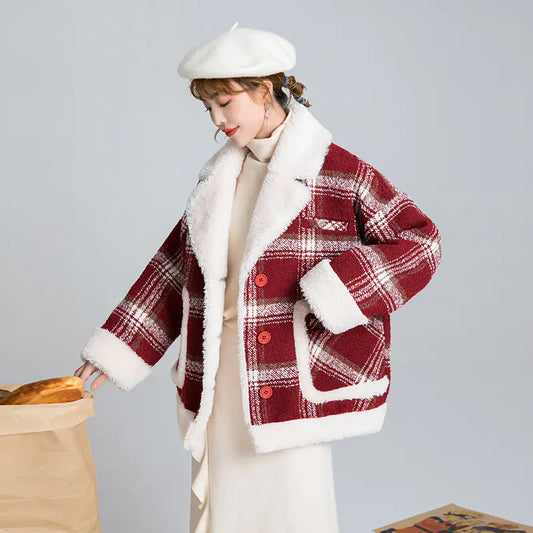 Plaid Wool Blend Winter Coat Stylish Warm Outerwear