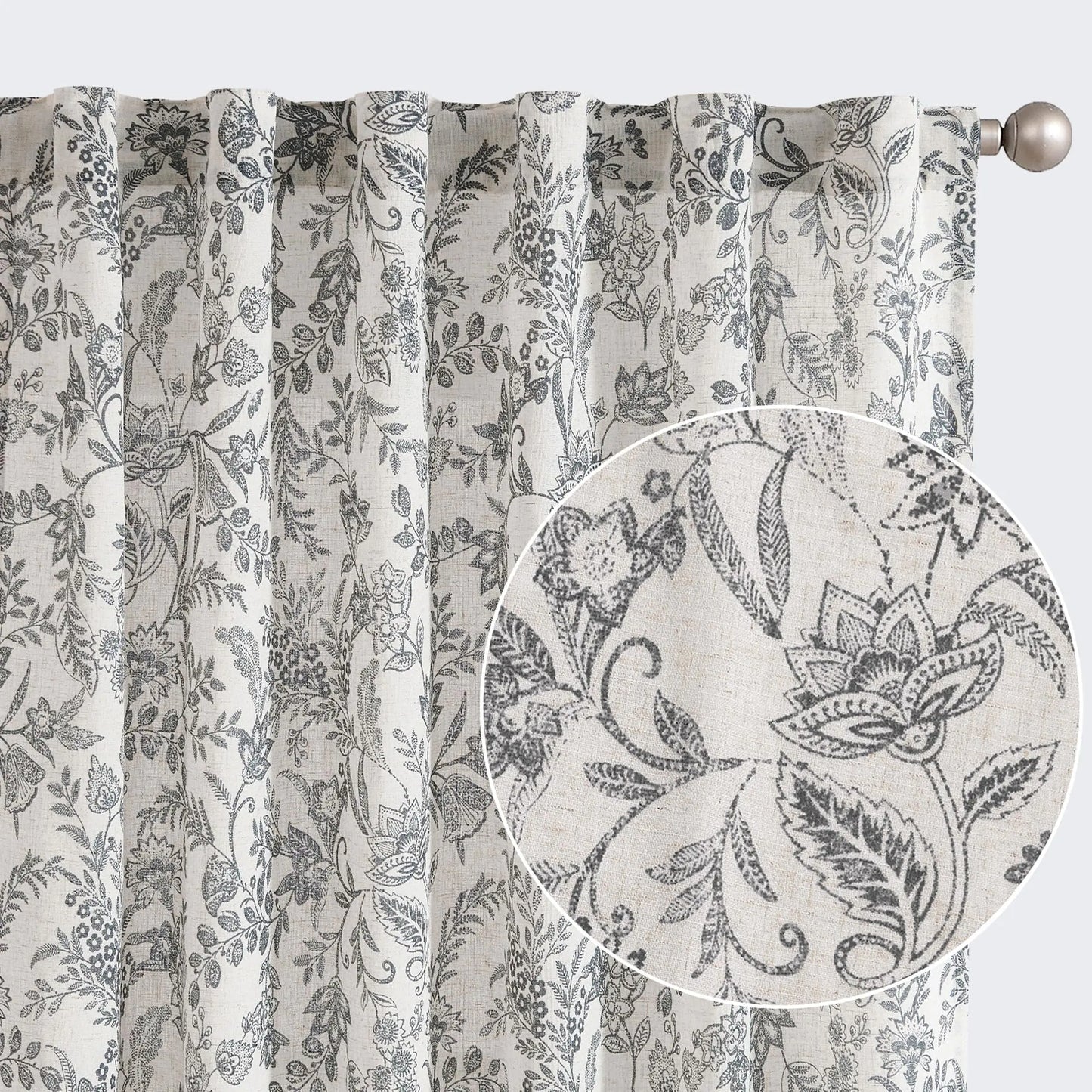 Linen Black Floral Farmhouse Curtains