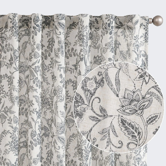 Linen Black Floral Farmhouse Curtains