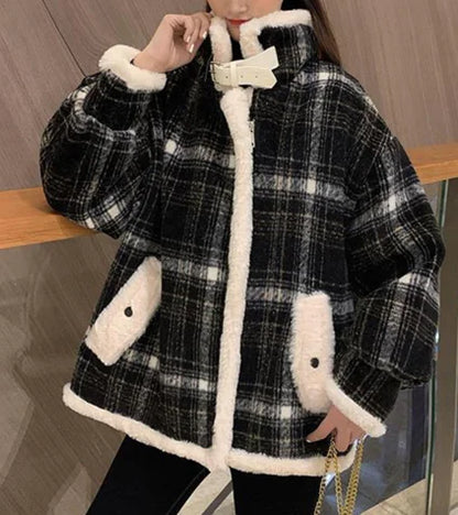 Plaid Wool Blend Winter Coat Stylish Warm Outerwear