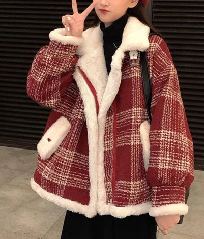 Plaid Wool Blend Winter Coat Stylish Warm Outerwear