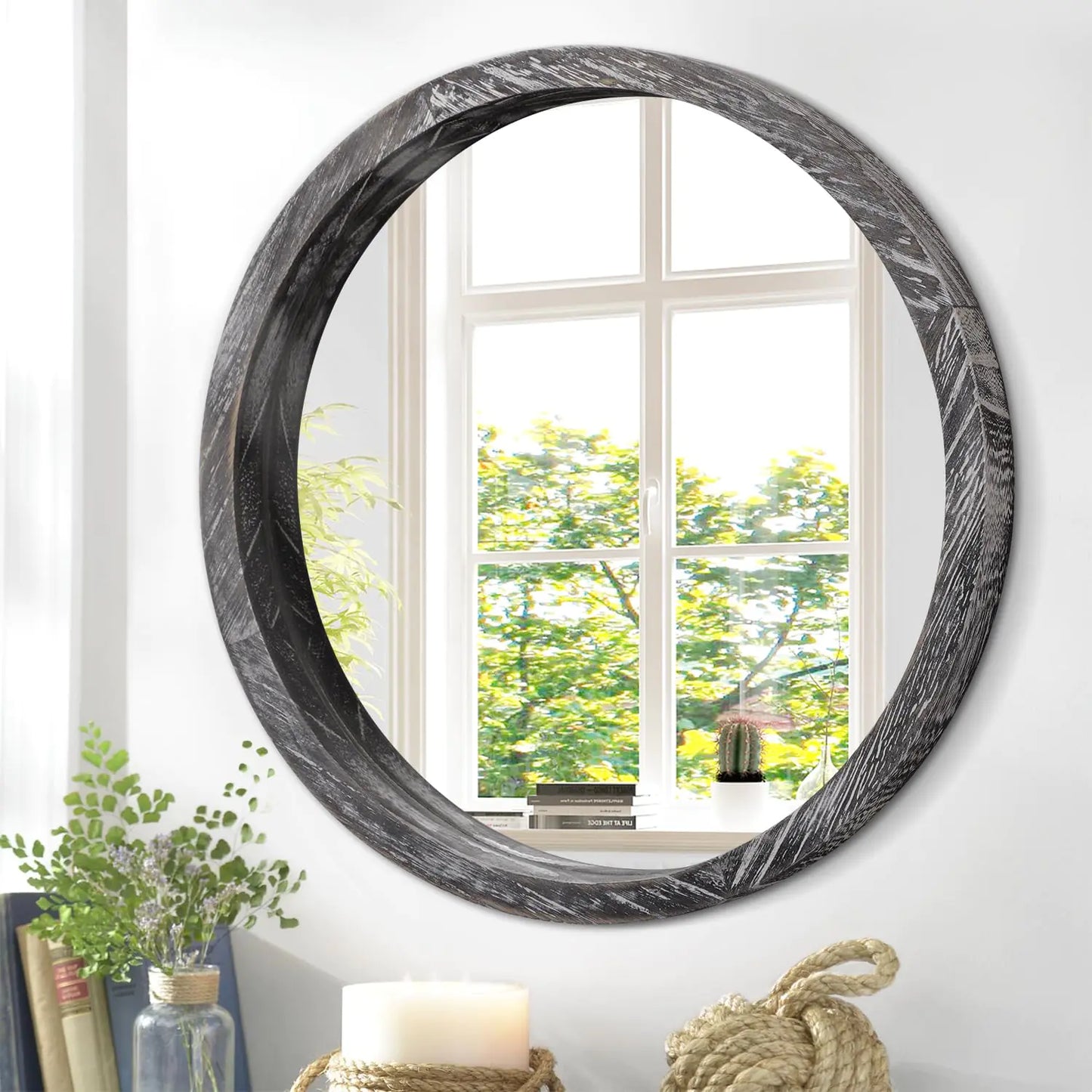 Circular Wall Mirror 12-Inch Round Wooden Frame