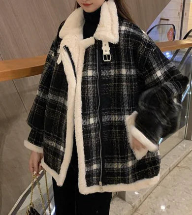 Plaid Wool Blend Winter Coat Stylish Warm Outerwear